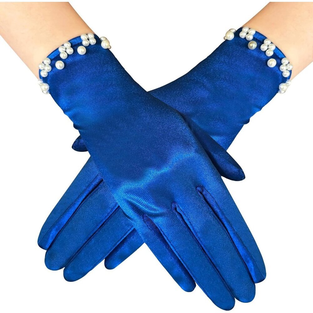 Women's Elegant Blue Floral Short Lace Wrist Gloves Bridal Dinner Party Prom